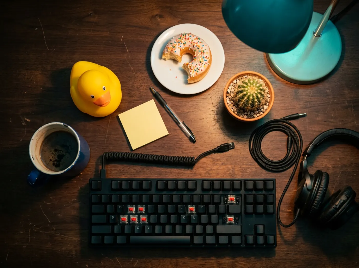 Overhead view of a developer's desk at night: a yellow rubber duck, a mug of cold coffee, a blank sticky note, a keyboard missing keys, a half-eaten donut and a small cactus.