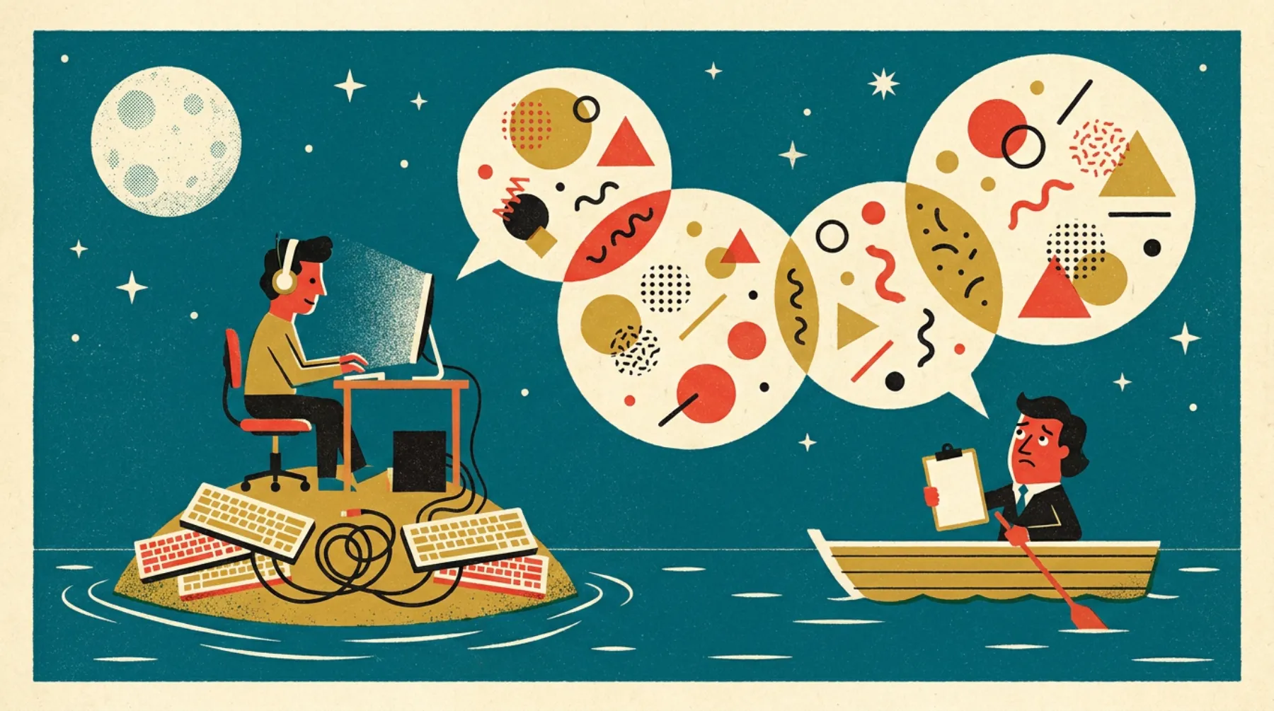 Poster illustration: a developer in headphones sits on a tiny island of keyboards and cables, sending speech bubbles full of abstract shapes toward a puzzled person in a rowboat holding an empty clipboard.